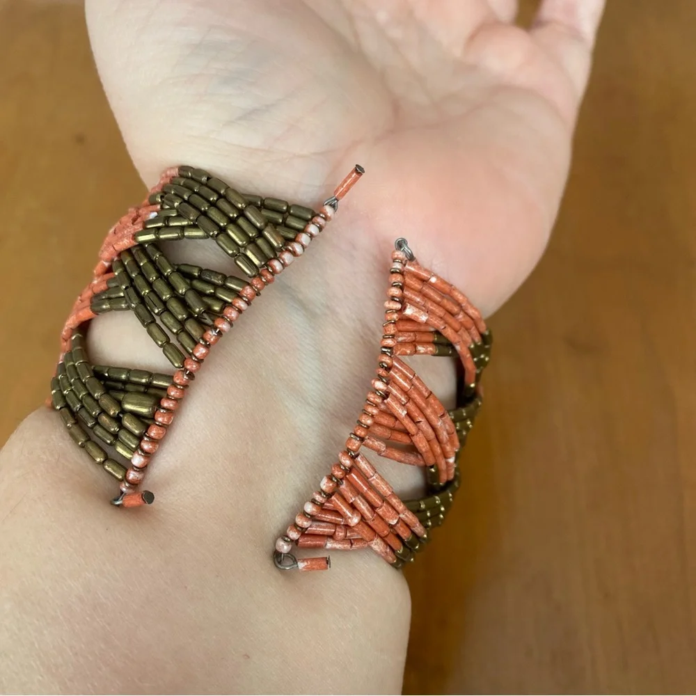 Salmon pink and bronze-gold Multicolor Seed Beaded Cuff Bracelet, 2-inches wide